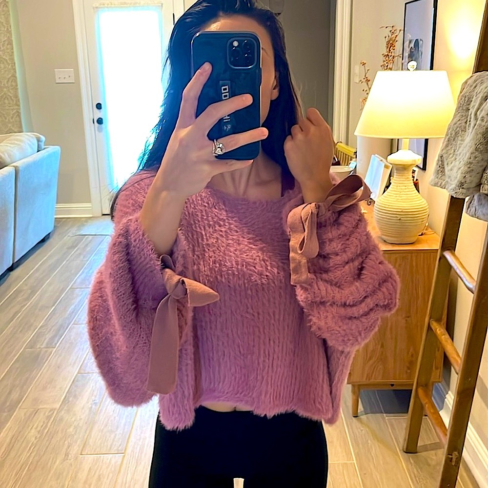 Fuzzy Mauve Crop Ribbon Sleeve Sweater